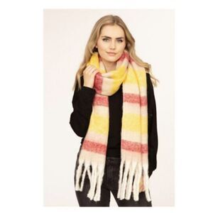 Yellow Red Scarf Winter Yellow Fringed Striped BIG 84"Lx14"W